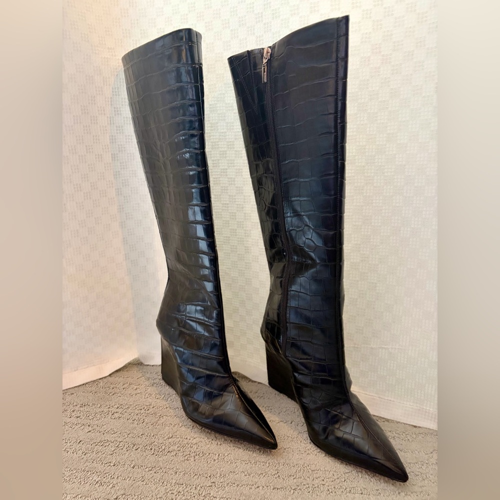 SCHUTZ Black Croc-Embossed tall Wedge Boots